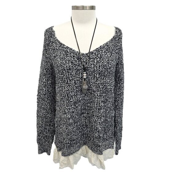 Soft Surroundings M Black White Marled Knit Lace Hem Tunic Sweater Boho Cozy - Picture 2 of 15